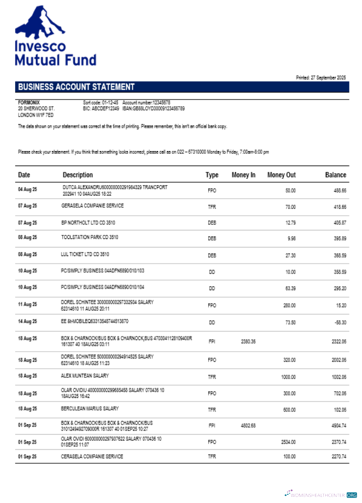 Download Invesco Mutual Fund company checking account statement Word and PDF template Photoshop template